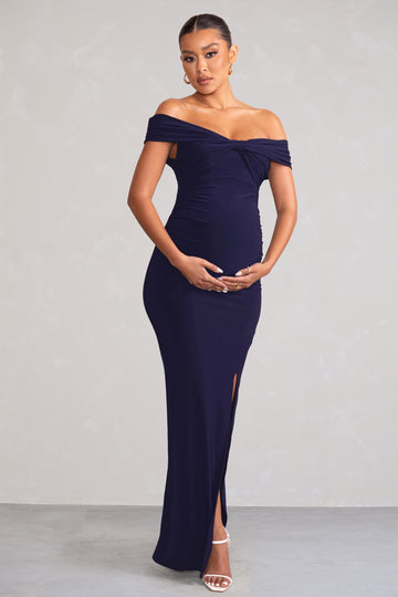 Kia Navy Twist Bardot Maternity Maxi Dress with Split